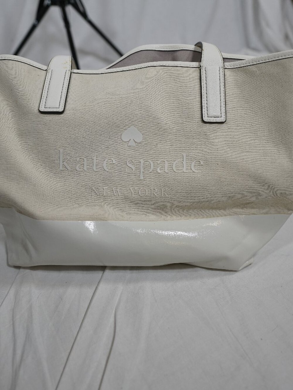 Kate Spade New York White Canvas Patent Tote Bag Logo Shopper